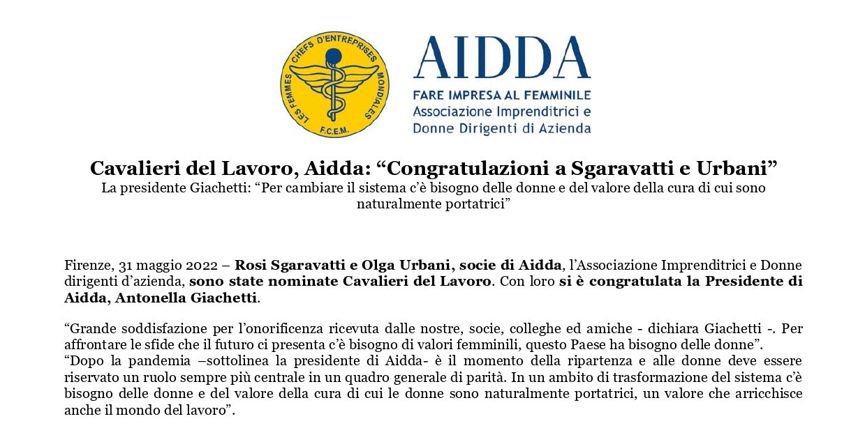 CS AIDDA 31 maggio 2022 - Cavalieri del Lavoro, Aidda_ “Congratulazioni a Sgaravatti e Urbani” .jpg