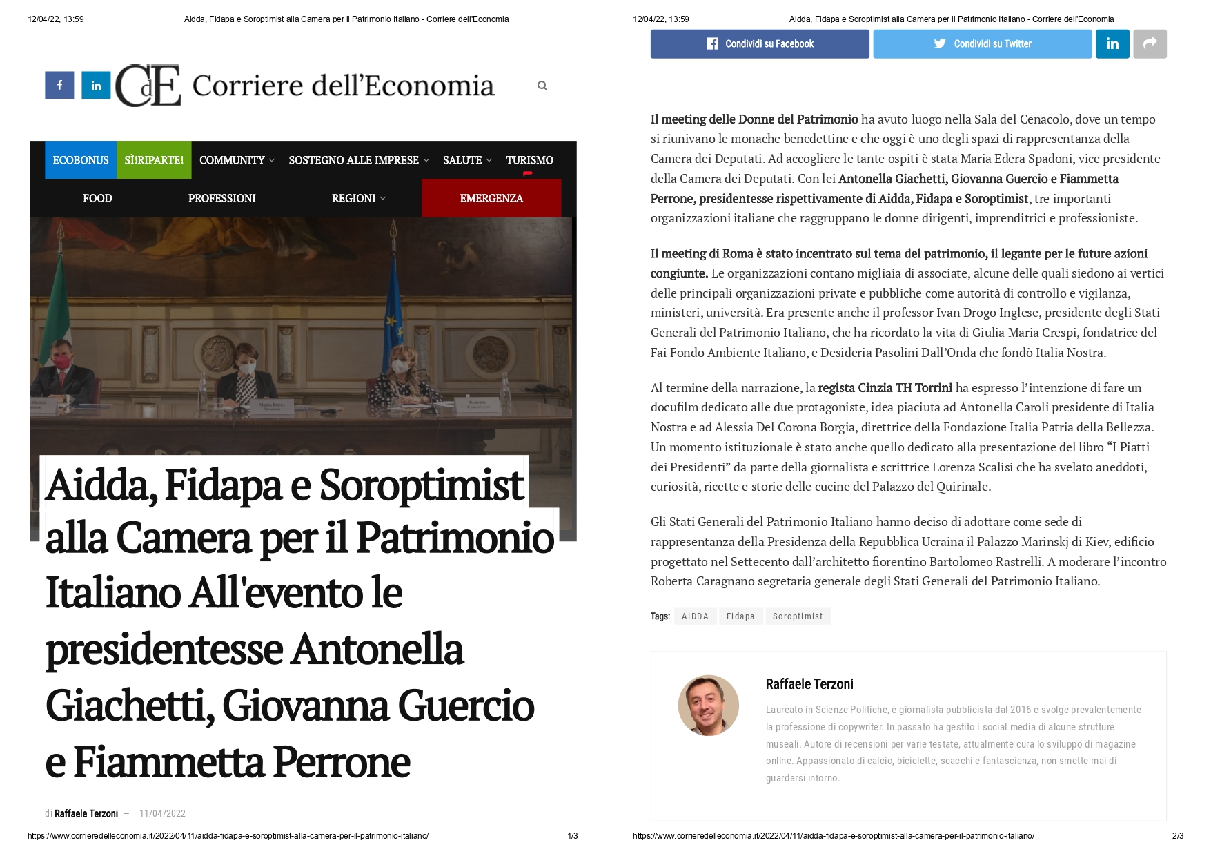 Aidda, Fidapa e Soroptimist alla Camera per il Patrimonio Italiano - Corriere dell'Economia .jpg